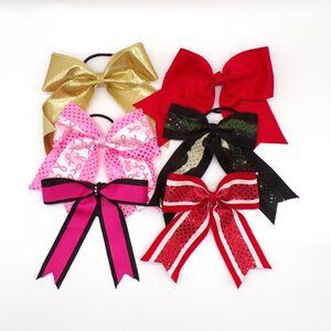 Cheer Hair Bow Lot Of 6 Girls Ribbon Bows Holiday Pageant Dance 7" Gold Red Pink